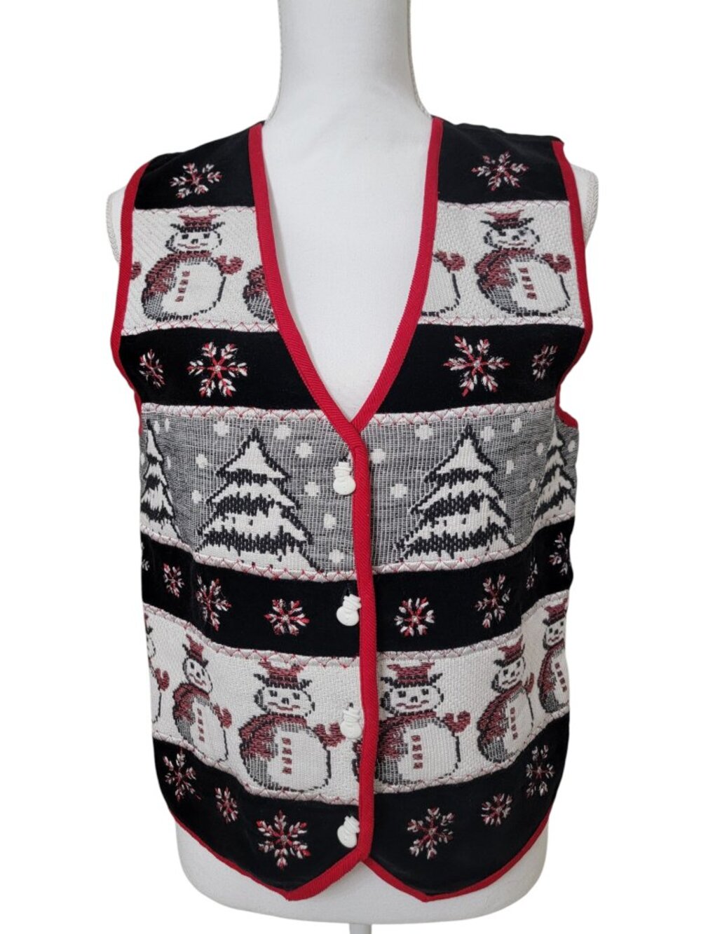 Vintage Dressbarn Size S Velvet and Tapestry Christmas Vest with Snowman Buttons